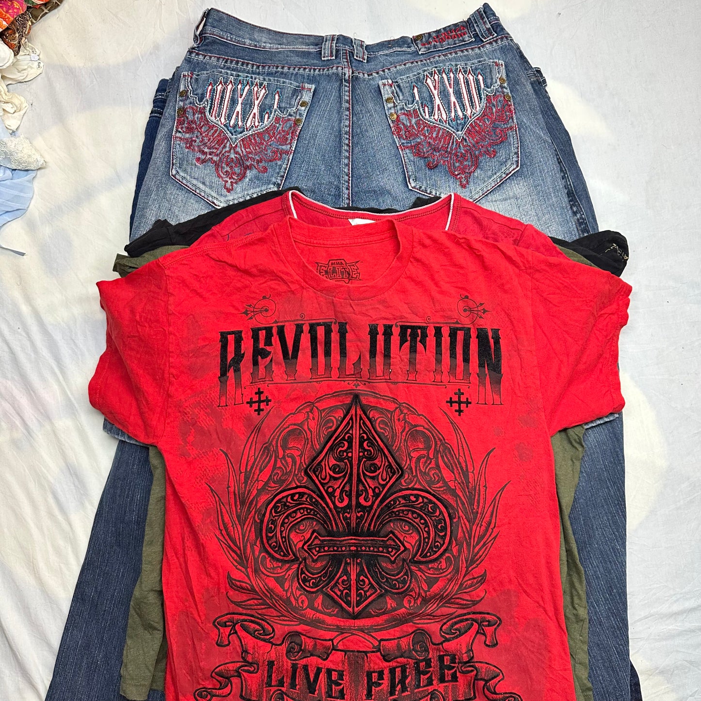 AFFLICTION STYLE TEES + GRAPHIC BAGGY JEANS / JORTS MIX (12 PC)